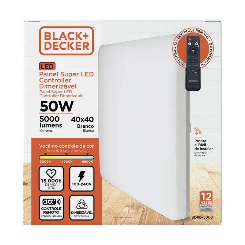 Plafon 50W 40x40CM Dimerizavel Branco com Controle Remoto Black Decker