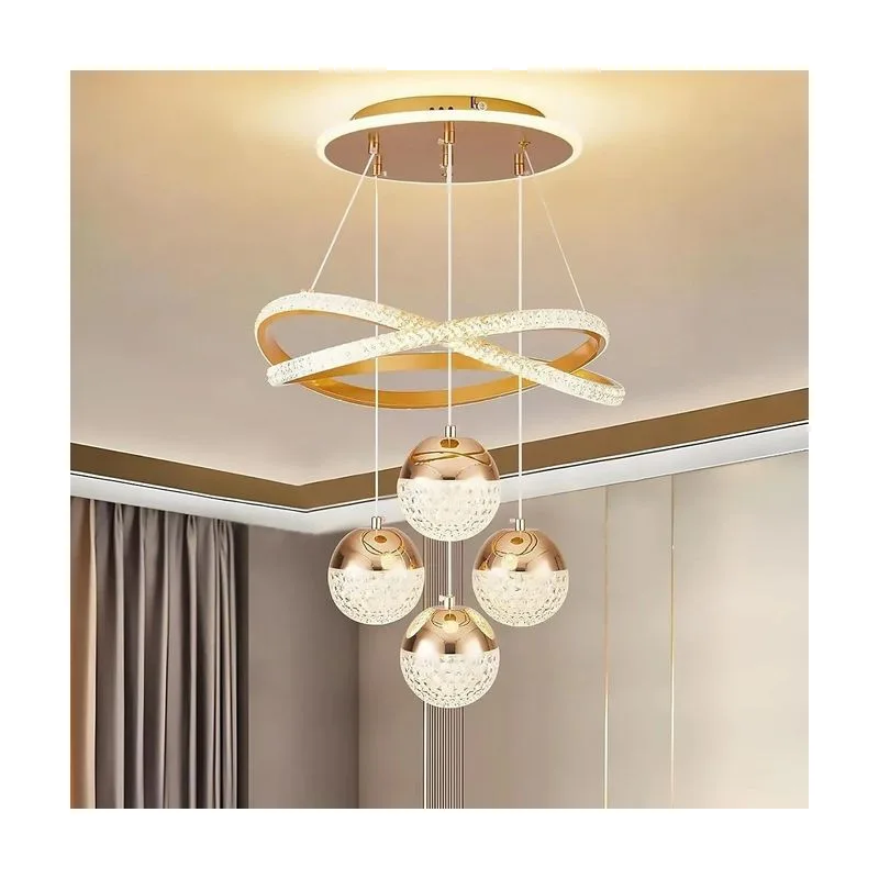 Luminária Pendente 4 Bools 2 Circulos Dourado LED com Controle