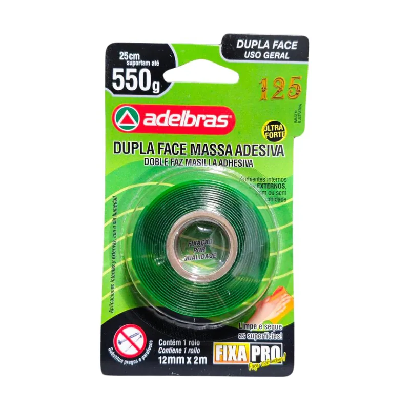 Fita Dupla Face Acrilica Fixa PRO 200 - 12 mm x 2M - Adelbras