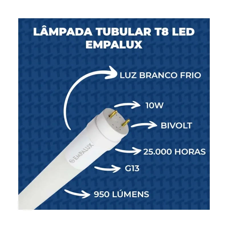 Lâmpada Tubular T8 10W 6500K - Empalux