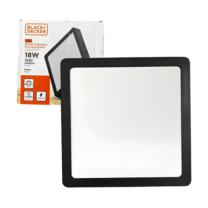 Plafon Sobrepor Quadrado 18W 6500K Preto Black Decker