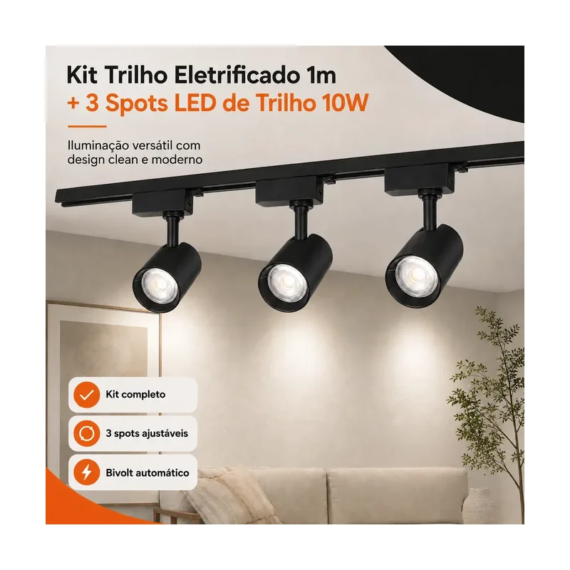 KIT 3 Spots 10W 6500K com Trilho Branco 1M
