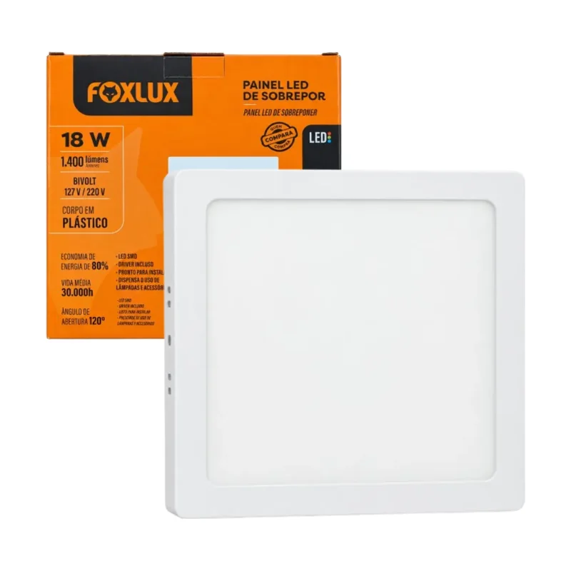 Plafon Quadr Sobrepor Branco 18W 6500K Foxlux