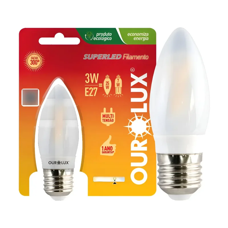 Lâmpada Vela Filamento Fosca 3W 6000K Ourolux